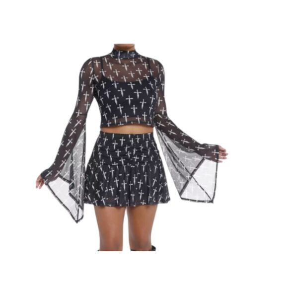 Hot Topic Social Collision Daggers Mesh Flare Sleeve Sheer Blouse 5 (5X) NEW - Picture 2 of 8